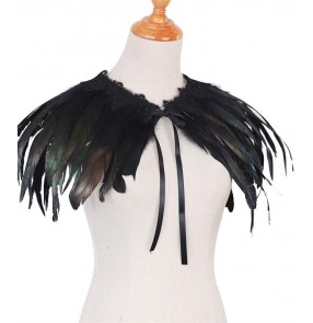 Black Lace feather collar for women girls singers jazz dance single layer feather shawl Xmas Halloween drama film cosplay shrug clothes decoration collar 